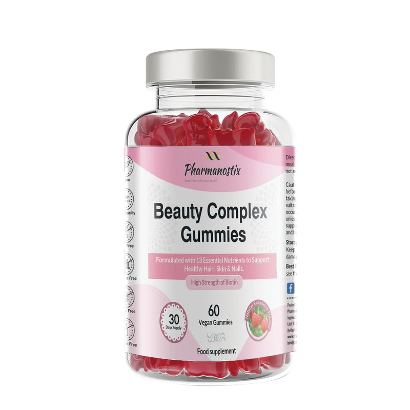 Pharmanostix Ultra Hair, Skin & Nail Gummies - Biotin 5000μg, Zinc, Vitamin D3, Choline, Vitamin C - 60 Vegan Raspberry Flavour Gummies - Gluten, Dairy, Soy & GMO Free