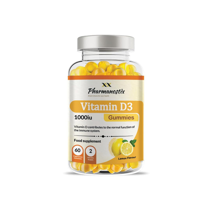 Pharmanostix Vitamin D3 1000iu Gummies - Natural Lemon Flavour Gummies for Teens & Adults - Support Immune Function and Help Maintain Bones and Teeth Helps in Calcium Absorption (60 Gummies)