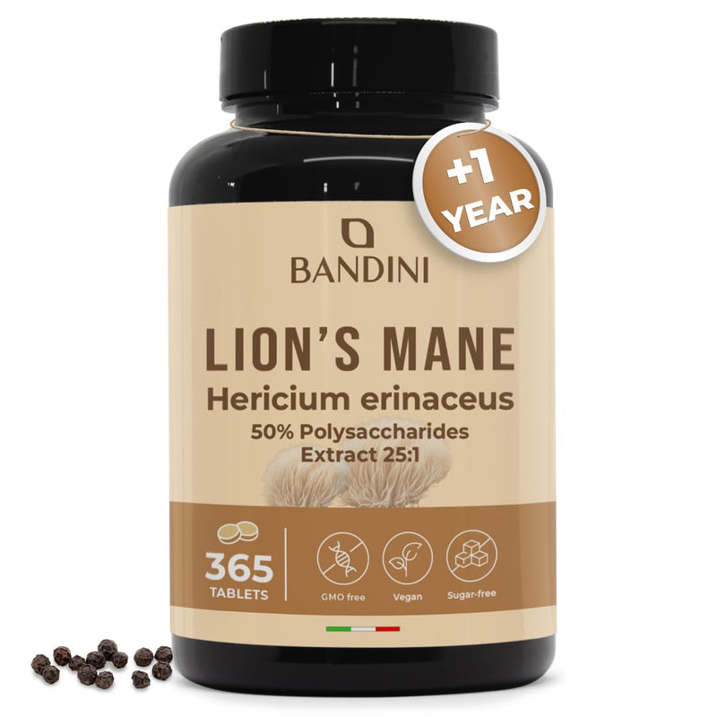 Bandini® Lions Mane Mushroom 2000mg - 365 High Strength Vegan Tablets 1 Year Supply - Hericium Erinaceus 25:1 Extract with Black Pepper - 50% Polyphenols - Lion's Mane Alternative to Powder & Capsules