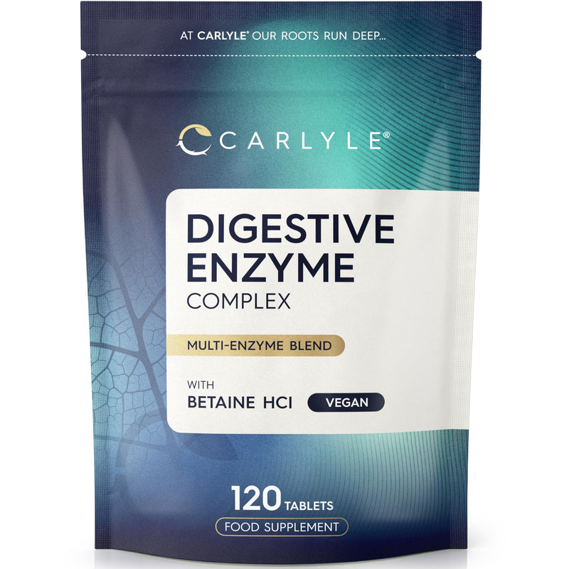 Digestive Enzyme Supplements with Betaine Hydrochloride | 120 Tablets | Complex with Lactase, Amylase & Lipase | Suitable for Vegetarians and Vegans | by Carlyle