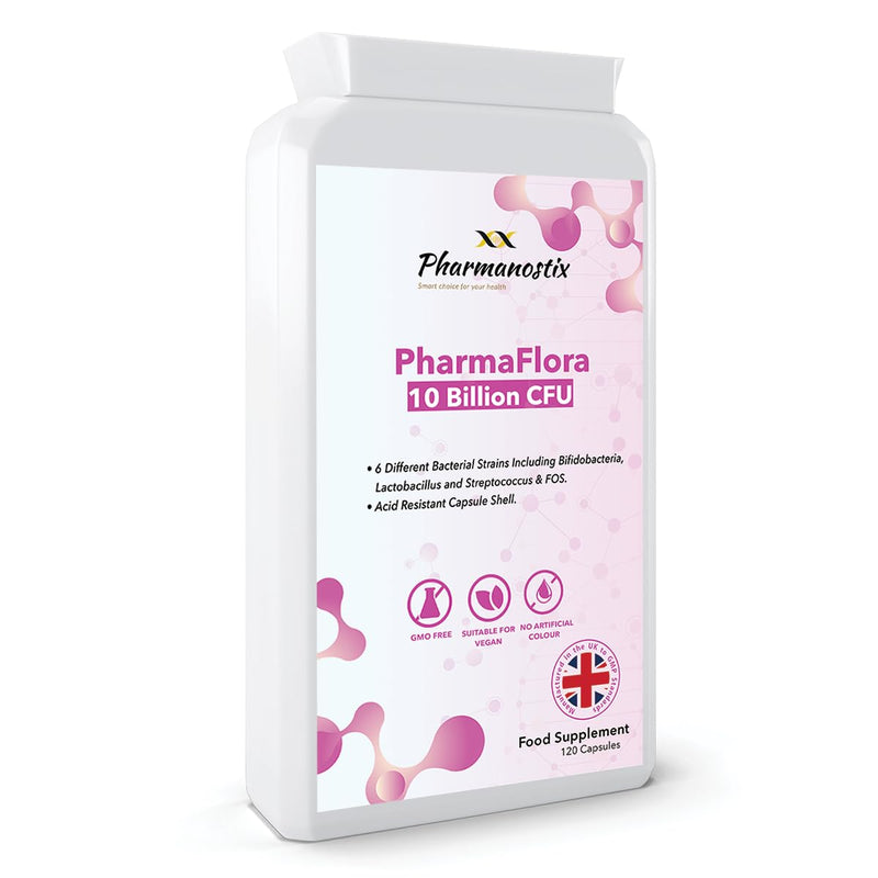 PharmaFlora 10 Billion CFU- Vegan Targeted Capsules - Multi-Strain Active Live Bacteria Complex - Acidophilus -Bifidobacterium - Streptococcus -Thermophilus - UK Manufacture (120 Capsules)