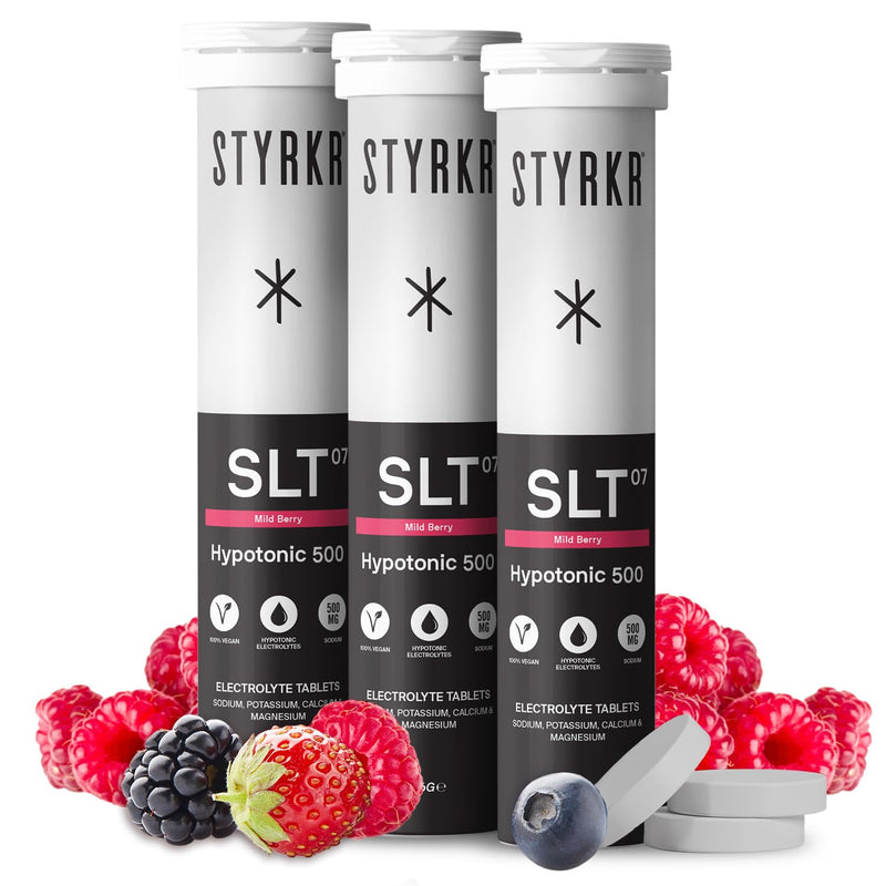 Electrolytes Tablets by Styrkr - Berry - 3X Pack of 12 Hydration Tablets - 500mg per Serving - 2X Higher Salts - Used by Endurance Athletes - Advanced Quad-Blend Formulation - SLT07 12x per Tube 500MG Mild Berry 12 count (Pack of 3)