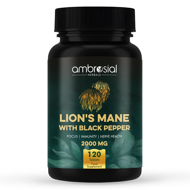 Ambrosial Lion’s Mane Mushroom Supplement with Black Pepper – 2000 mg High Strength Extract per Serving – Plant-Based Brain & Body Balance Formula – 120 Vegan Tablets – Non-GMO, Gluten-Free
