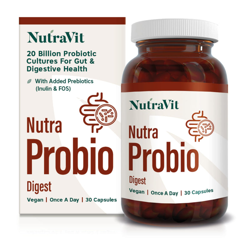 NutraProbio Digest - 20 Billion Probiotic Cultures for Gut & Digestive Health - with Added Prebiotics, Inulin & FOS - Improves Digestion & Immune System - NutraVit, 30 Capsules