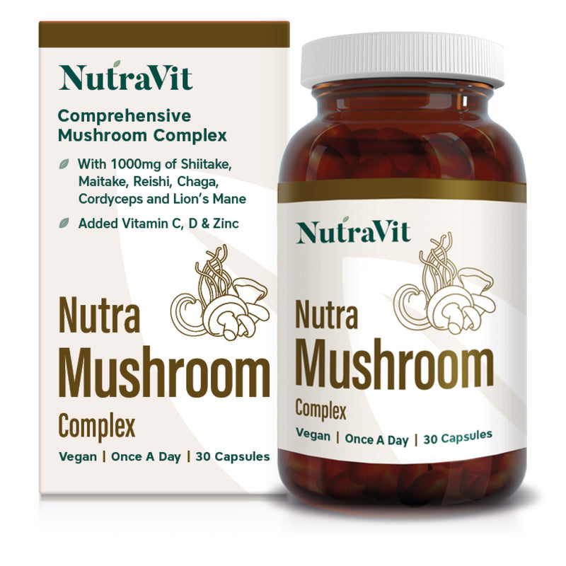 NutraMushroom - Comprehensive Mushroom Complex, with 6000mg of Shiitake, Maitake, Reishi, Chaga, Cordyceps and Lion’s Mane - with Added Vitamin C, D & Zinc - NutraVit, 30 Capsules