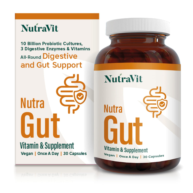 NutraGut - Digestive and Gut Support - with 10 Billion Probiotic Cultures, 3 Digestive Enzymes: Amylase, Protease & Lipase - with Vitamins & Minerals - NutraVit, 30 Capsules