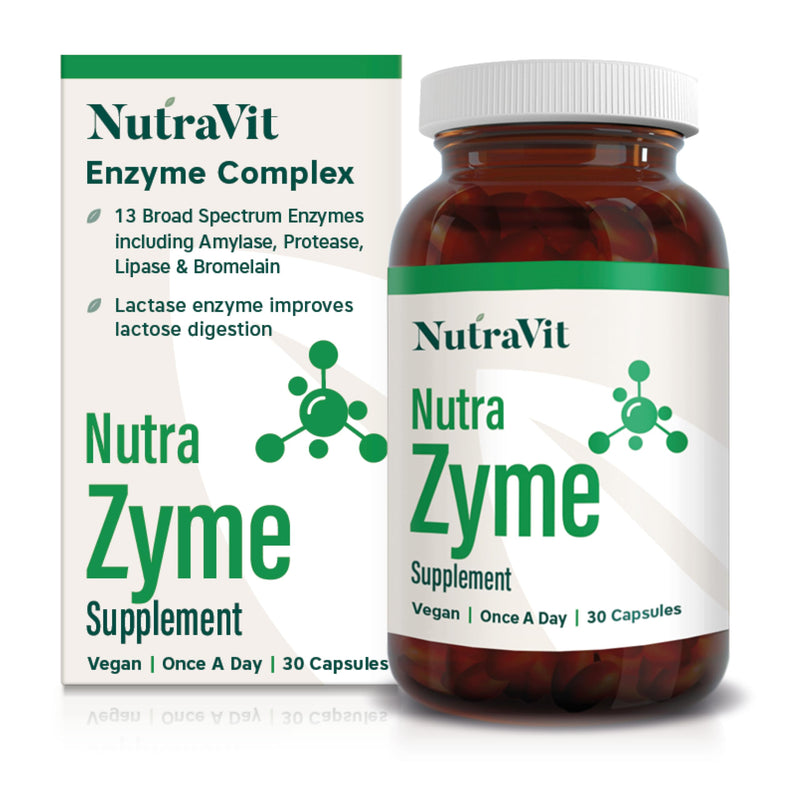 NutraZyme - Digestive Enzyme Complex - 13 Broad Spectrum Enzymes Including Amylase, Protease, Lipase & Bromelain, with Lactase for Lactose Intolerance - NutraVit, 30 Capsules