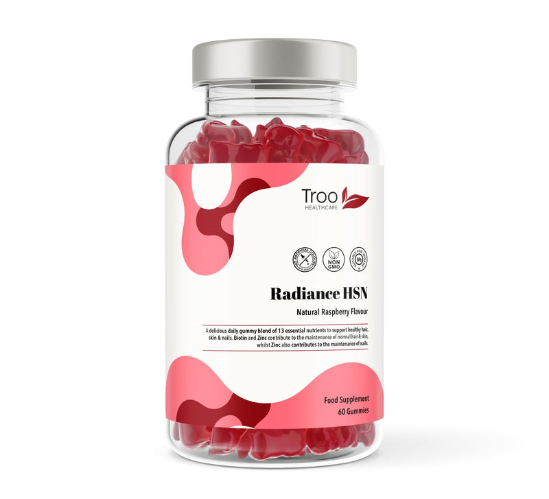 Troo Health Care Radiance HSN 60 Raspberry Flavour Gummies - Advanced Hair Skin & Nails Supplement for Men & Women - 13 Essential Nutrients Inlcuding Biotin 60 count (Pack of 1)
