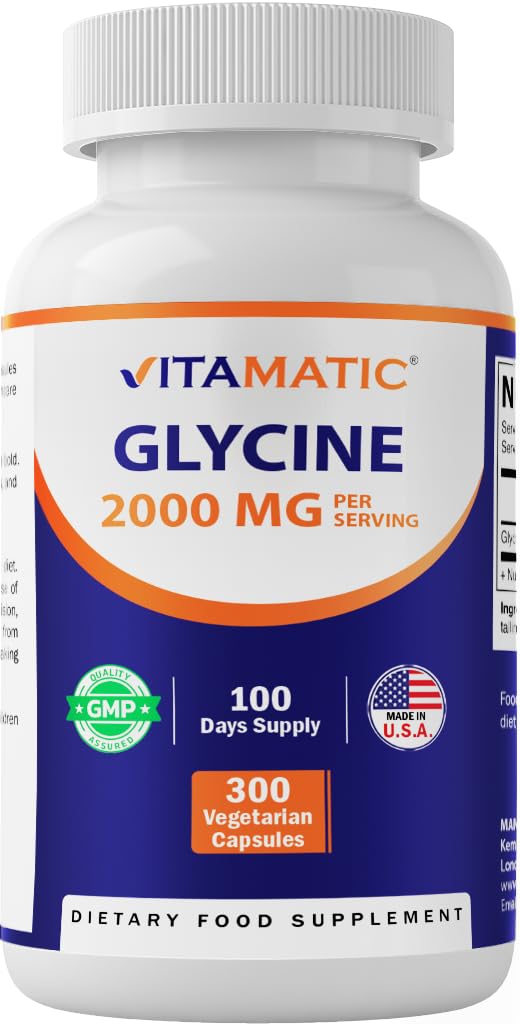 Vitamatic Glycine Supplement, 2000mg Per Serving, 300 Count, Non-GMO, Gluten Free