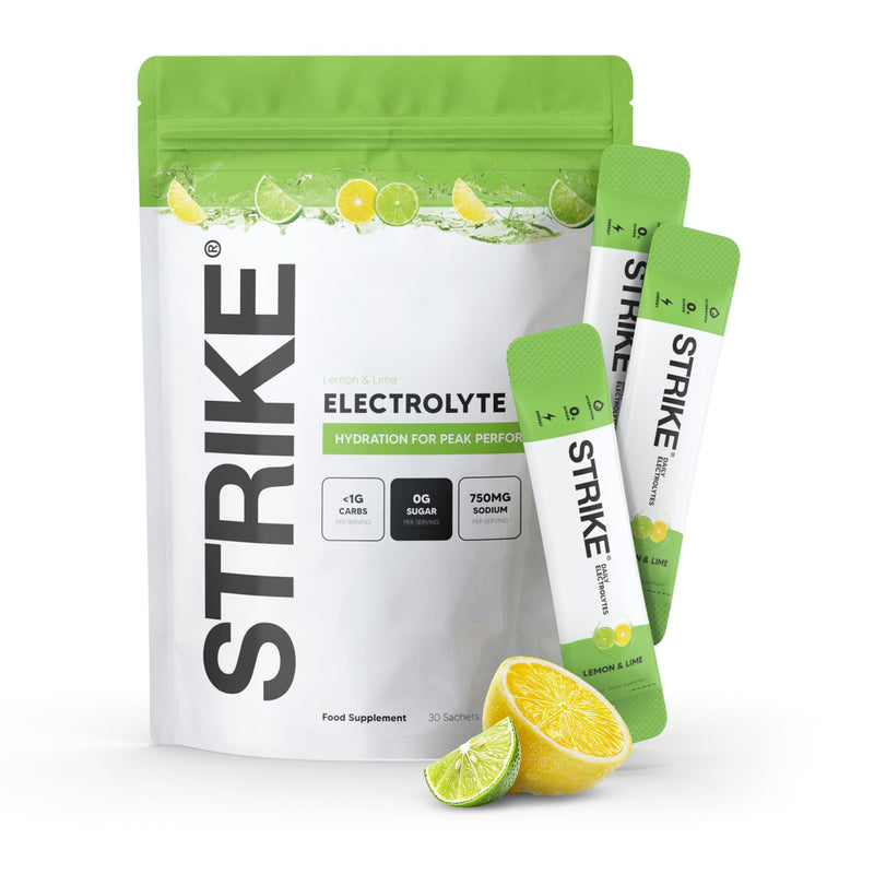 Strike Electrolytes | Zero Sugar Hydration Sachets with Sodium, Magnesium, Vitamin C & Trace Minerals | Vegan, Keto, Gluten-Free | Daily Electrolytes Powder (30 Sachets, Lemon Lime) 30 Sachets