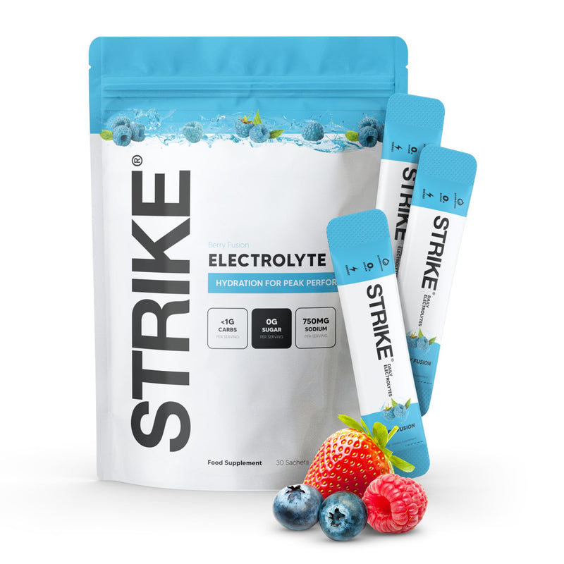 Strike Electrolytes | Zero Sugar Hydration Sachets with Sodium, Magnesium, Vitamin C & Trace Minerals | Vegan, Keto, Gluten-Free | Daily Electrolytes Powder (30 Sachets, Berry Fusion) 30 Sachets