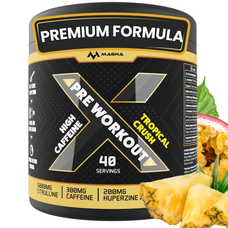 Premium, Complete High Caffeine Pre Workout Powder Drink with L-Citrulline & S7® | Tropical Crush Flavour | Makes 40 Drinks (400g) | Magna X 40 Servings (Pack of 1)