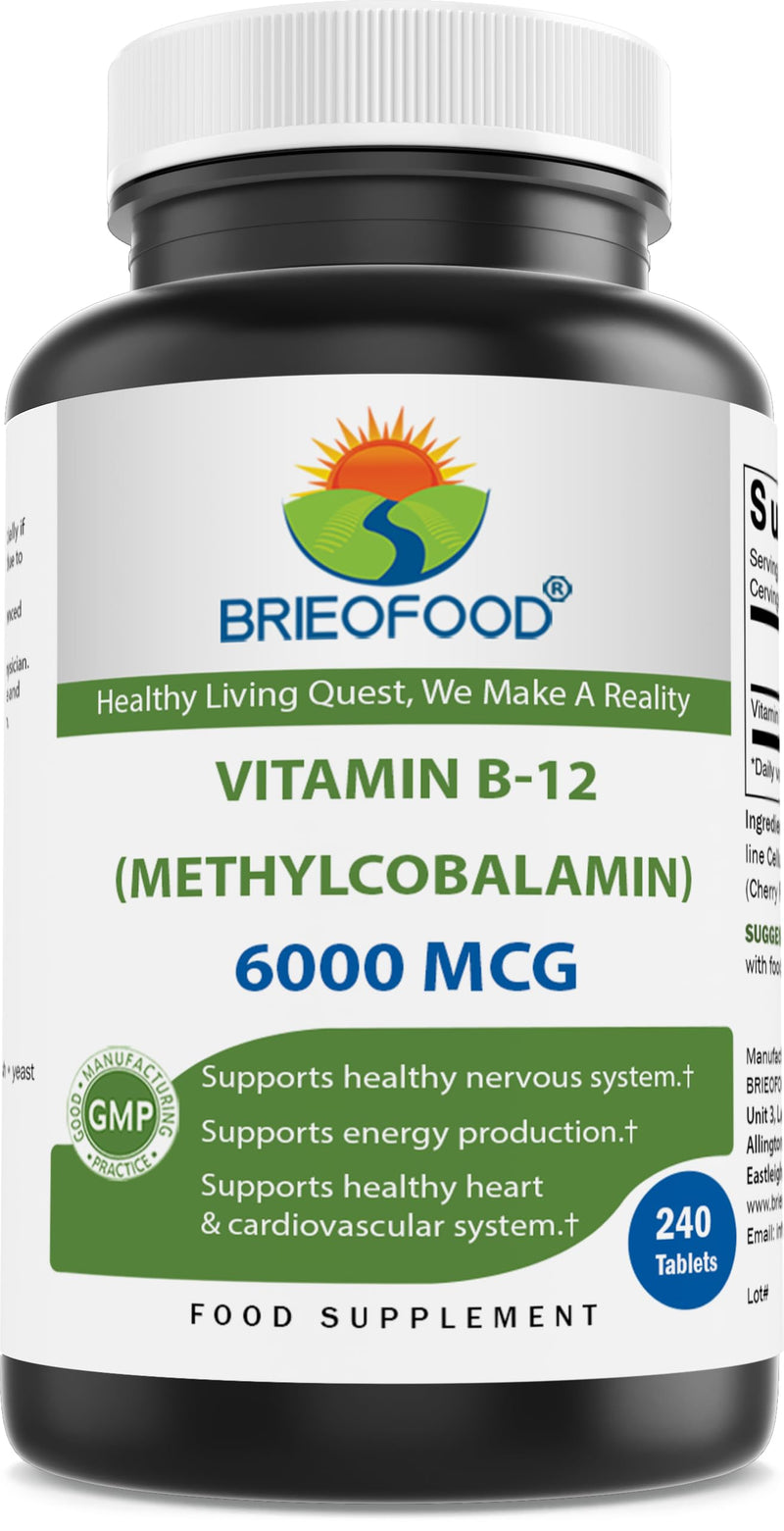 Brieofood Vitamin B-12 (Methycoballamin) 6000 mcg- 240 Tablets. Non-GMO, and Gluten Free