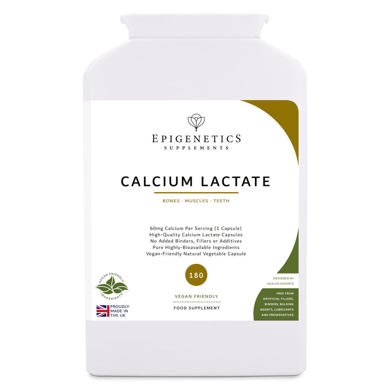 Calcium Lactate | Calcium 60mg Pure Capsule | Bone & Skeletal Health | 180 Vegan Capsules UK Made | 1 Capsule Daily (6 Month Supply), Natural Ingredients
