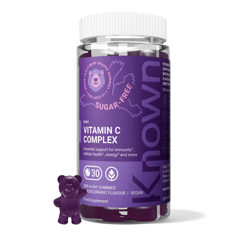 Known Kids Vitamin C Complex Gummies - Sugar-Free, Vitamin C & Zinc - Immune Support - Natural Blackcurrant Flavour - 30 Vegan Gummies, 1 Month Supply