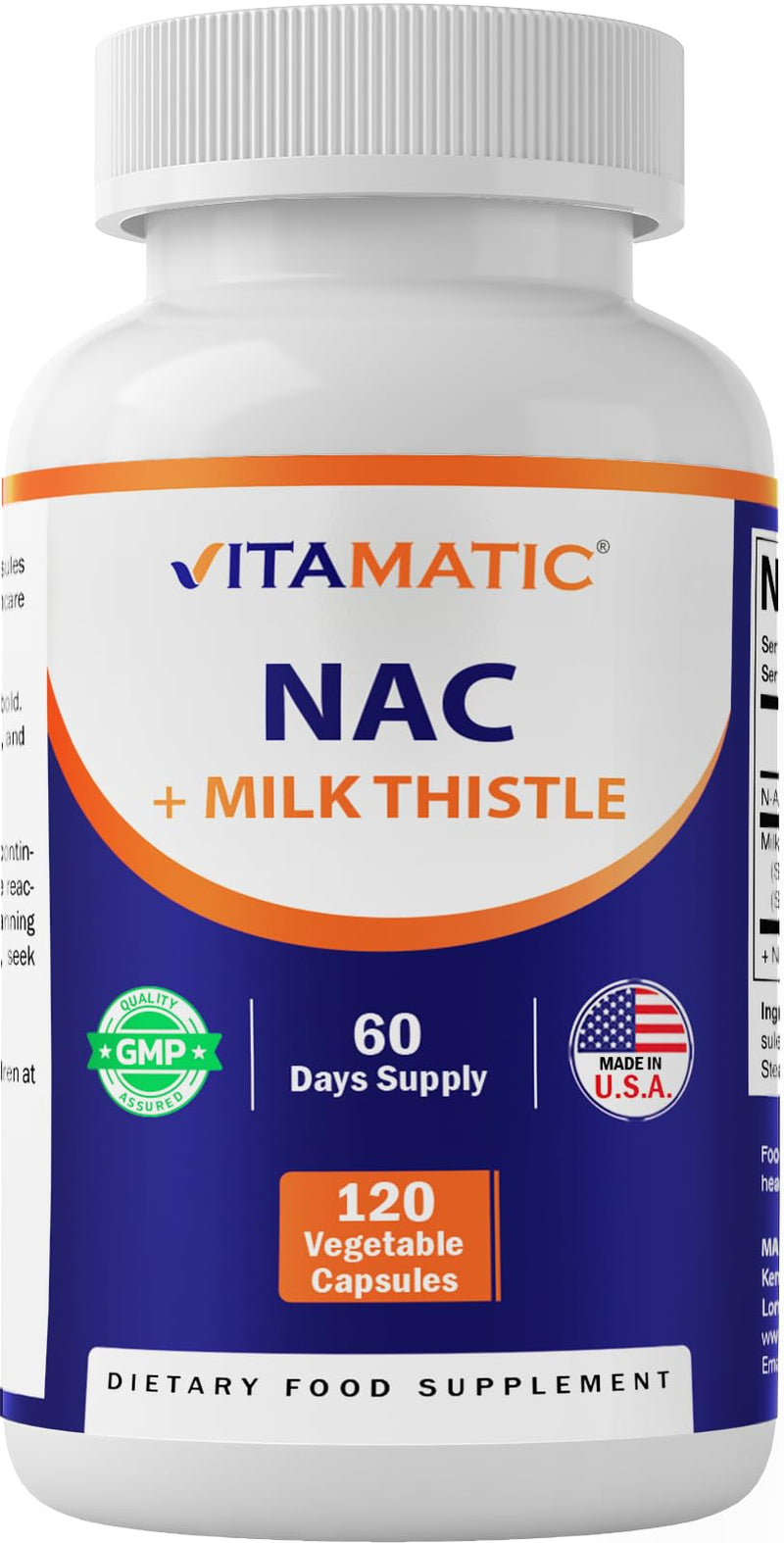 Vitamatic NAC Supplement N-Acetyl-L-Cysteine (NAC) with Milk Thistle 50:1 Extract - Supports Immune, Respiratory, Liver Health, 1200 mg per Serving, 120 Veg Capsules