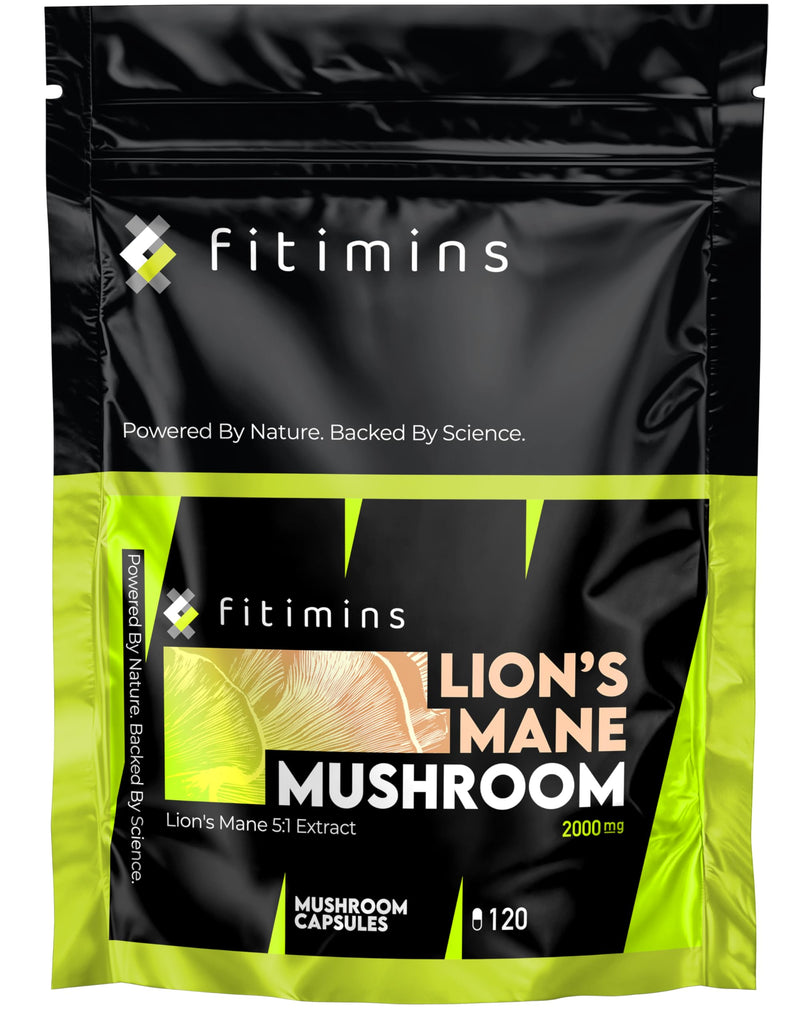 Lions Mane Supplement 2000mg | Lion's Mane Powder Capsules | 5:1 Mushroom Extract | Improve Memory, Focus & Mind | UK Made, Gluten Free & Vegan | 120 Lions Mane Capsules | 4 Month Supply | Fitimins 120 count (Pack of 1)