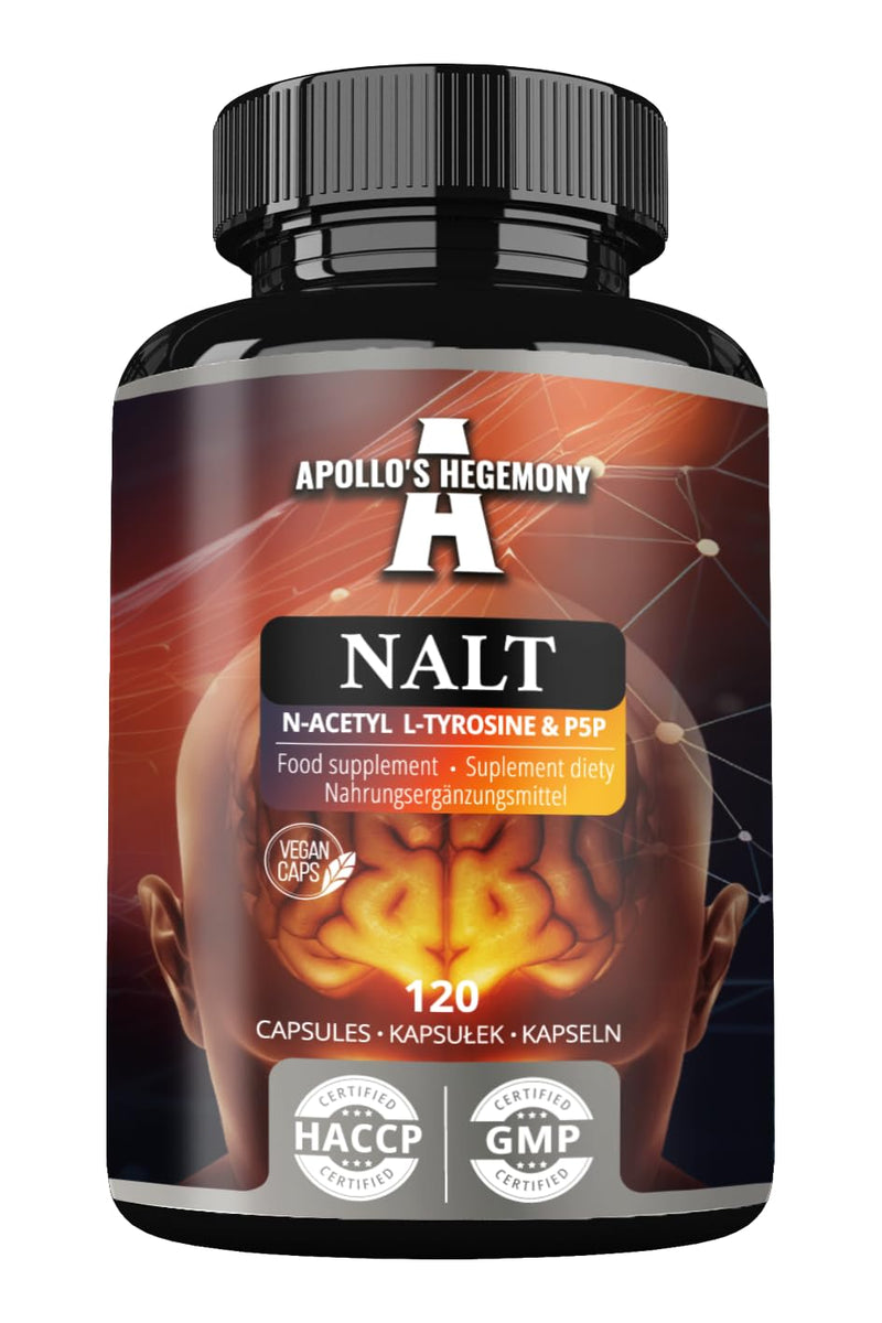 N-Acetyl-L-Tyrosine (NALT) 500mg and Active Vitamin B6 (P-5-P) 2mg - 120 Capsules - 4 Months Supply - High Strength Amino Acid Supplement - Cognitive Booster - by Apollo's Hegemony
