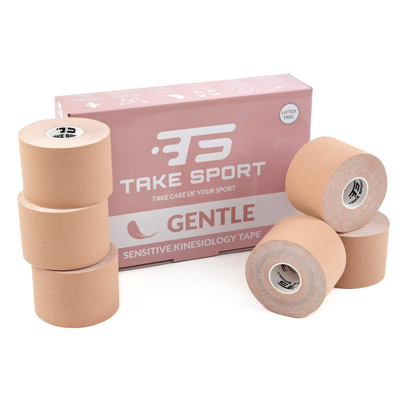 TAKE Sport Kinesiology Tape Gentle KinesioTape, Kinesiology Tape, Kinesiology Tape, 6 Rolls, 5 x 5 m Each, 95% Cotton 5% Spandex, Elastic, for Sensitive Skin, Beige (Skin/Skin)