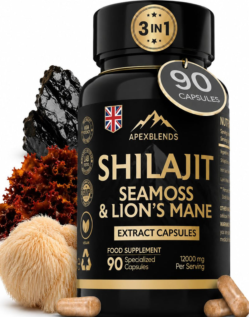 3-in-1 Shilajit, Seamoss and Lions Mane Capsules - High Strength 12000mg Lion's Mane Shilajit and Irish Sea Moss | Fulvic Acid, Organic Sea Moss | Supplements for Men and Women | 90 Vegan Capsules
