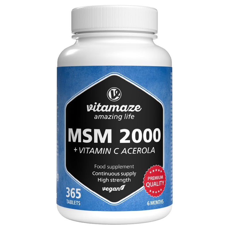 MSM + Vitamin C acerola high-dose, 365 Tablets for 6 Months, 2,000 mg Organic Sulphur Powder per Day, 99.9% Pure methylsulphonylmethane, Food Supplement Without additives, Made in Germany