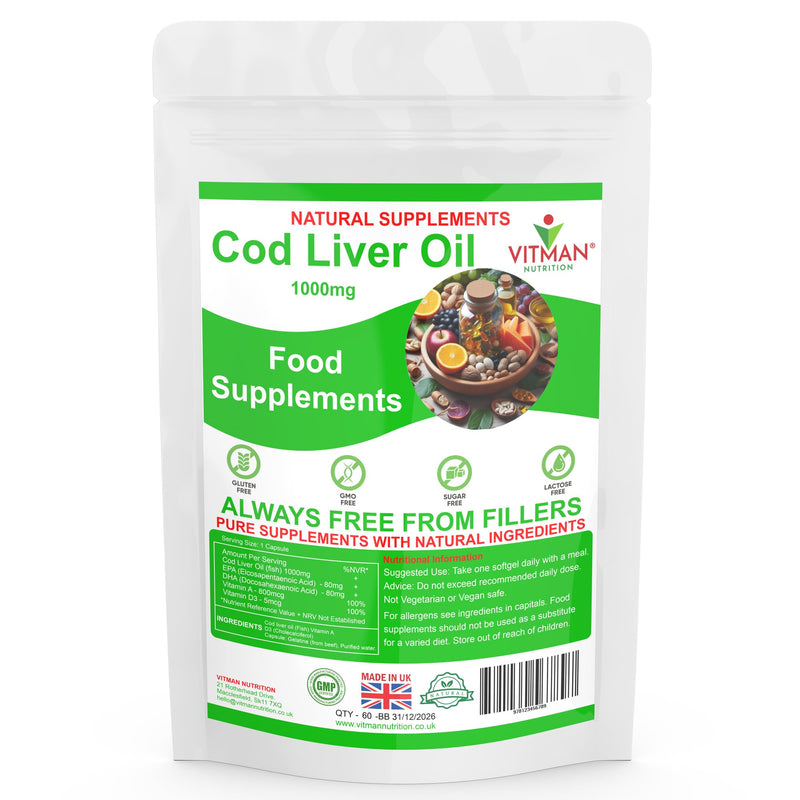 Cod Liver Oil 1000mg 60 Softgels - High Strength Omega-3 EPA & DHA - Pure Fish Oil with Vitamins A & D - Supports Heart, Brain, Vision & Immune Health - Gluten & Additive-Free