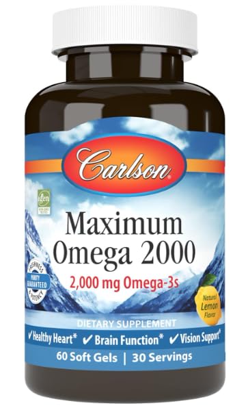 Maximum Omega 2000, 2000 mg Omega-3 Fatty Acids Including EPA and DHA, Wild-Caught, Norwegian Fish Oil Supplement, Sustainably Sourced Fish Oil Capsules, Lemon, 60 Softgels