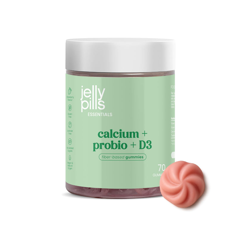 Jelly Pills Calcium 240 mg Gummies with Vitamin D3, K2 and Probiotics - 70 Vegan Gummies - No Added Sugar - Strawberry Flavour - Bones, Teeth & Digestion