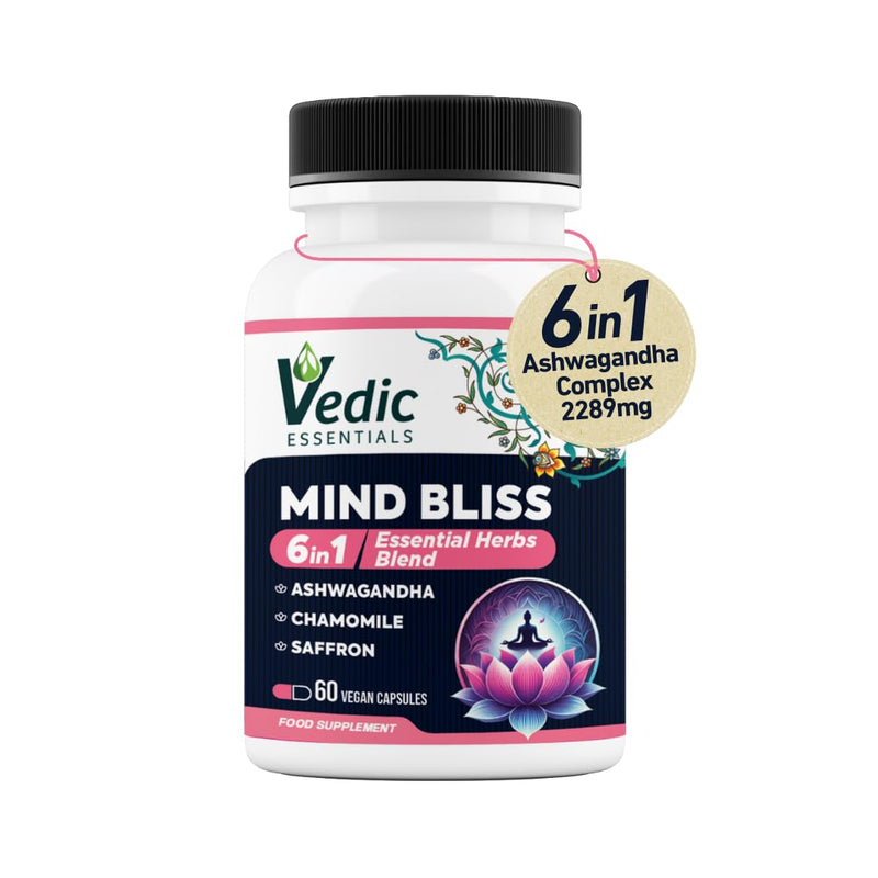 Vedic Mind Bliss- Stress Relief & Sleep Aid | 6-in-1 Ashwagandha Complex +Chamomile +Saffron & More | High Strength Ashwagandha | Anxiety Relief, Calming, Mood Lift | 60 Vegan Capsules 60 count (Pack of 1)