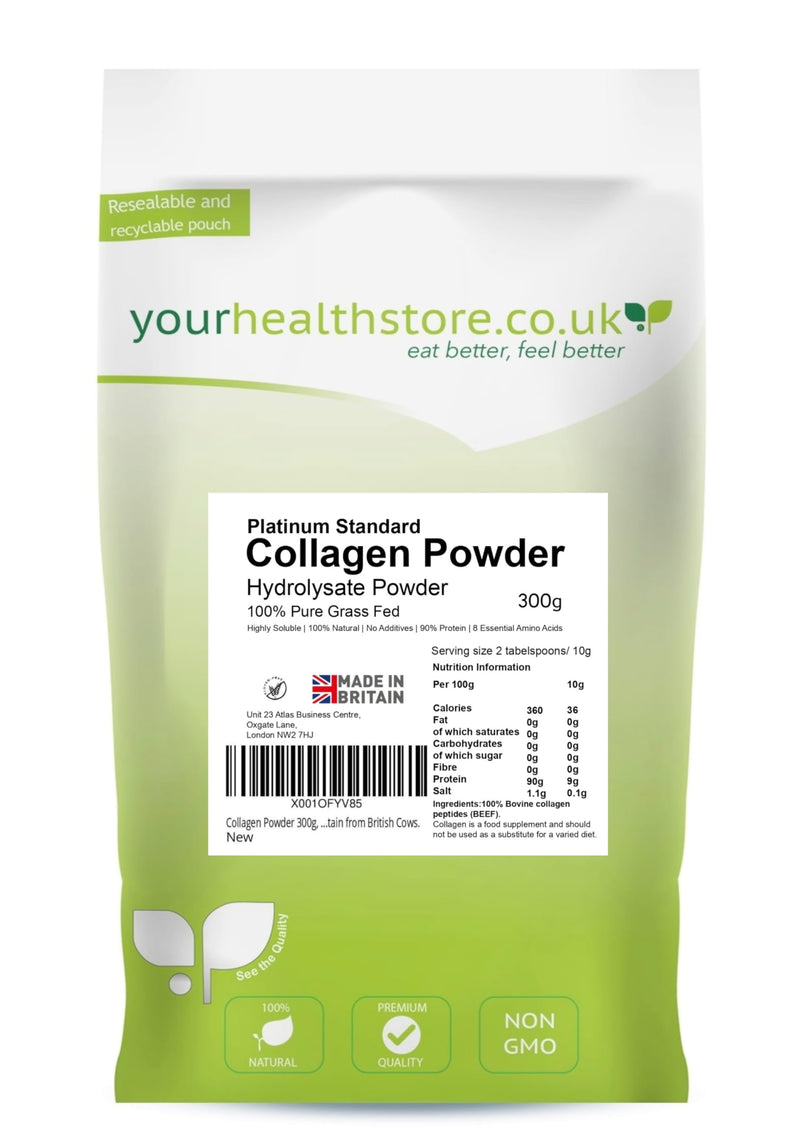 Collagen Powder 300g, 100% Pure Unflavoured, Grass Fed, Platinum Standard, Bovine, Made in Britain from British Cows (Bovaer Free).