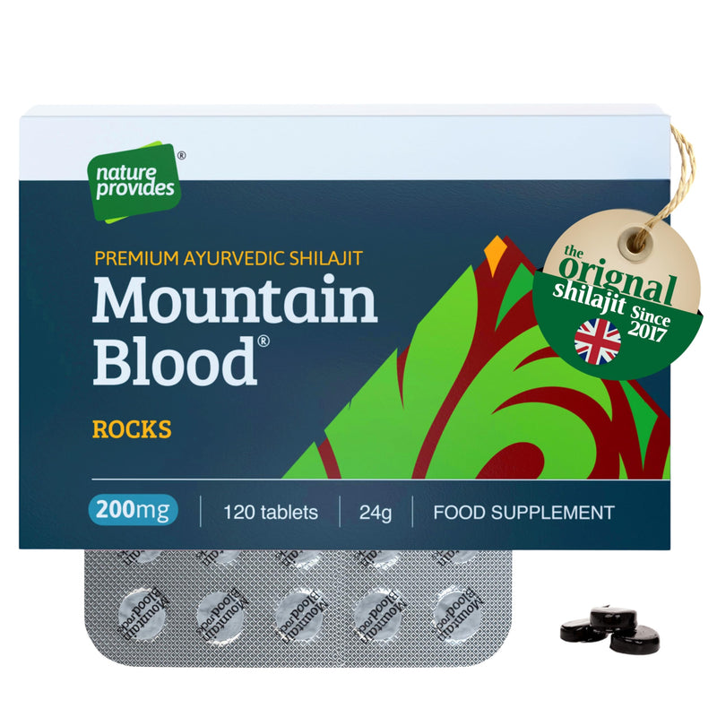 Mountain Blood 120 Shilajit Tablets Pills (24g) 4 Months Supply - Authentic, Vegan, Ethically Sourced, Mineral-Rich, UK Lab-Tested, Boosts Energy & Stamina, Made in UK by Nature Provides 24g 120 count (Pack of 1)