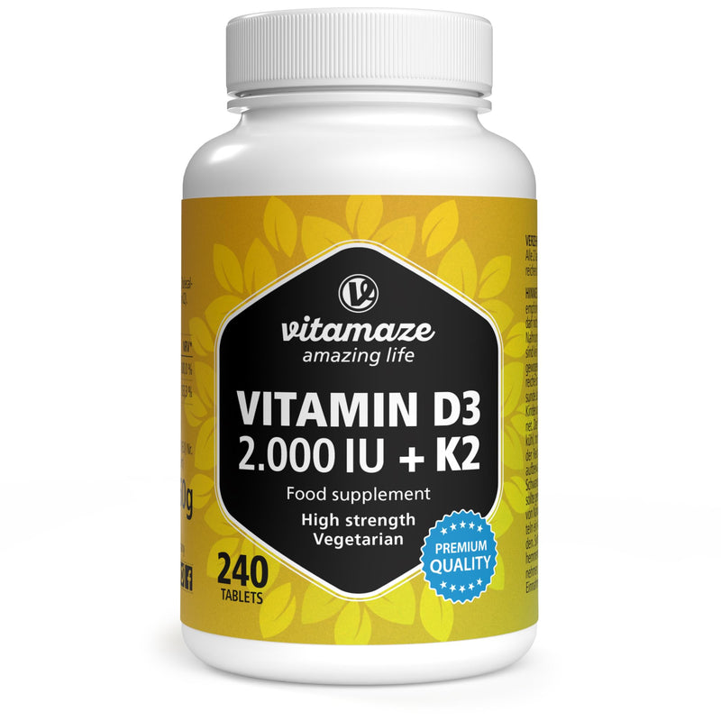 Vitamaze® Vitamin D3 K2 high dose, 2000 IU Vitamin D3 + 100 mcg Vitamin K2 MK7 All Trans, 240 Tablets Vitamin D Without Unnecessary additives, Made in Germany