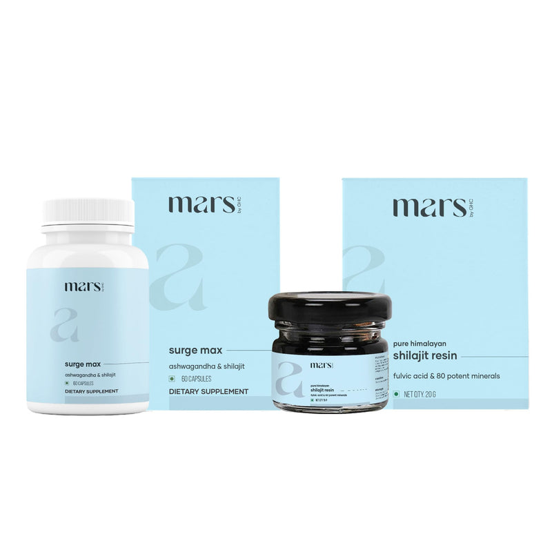 Mars by GHC Performance Combo | Surge Max 60 Capsules and Shilajit Resin 15g | Strength, Stamina & Vitality with Fulvic Acid | Pack of 1