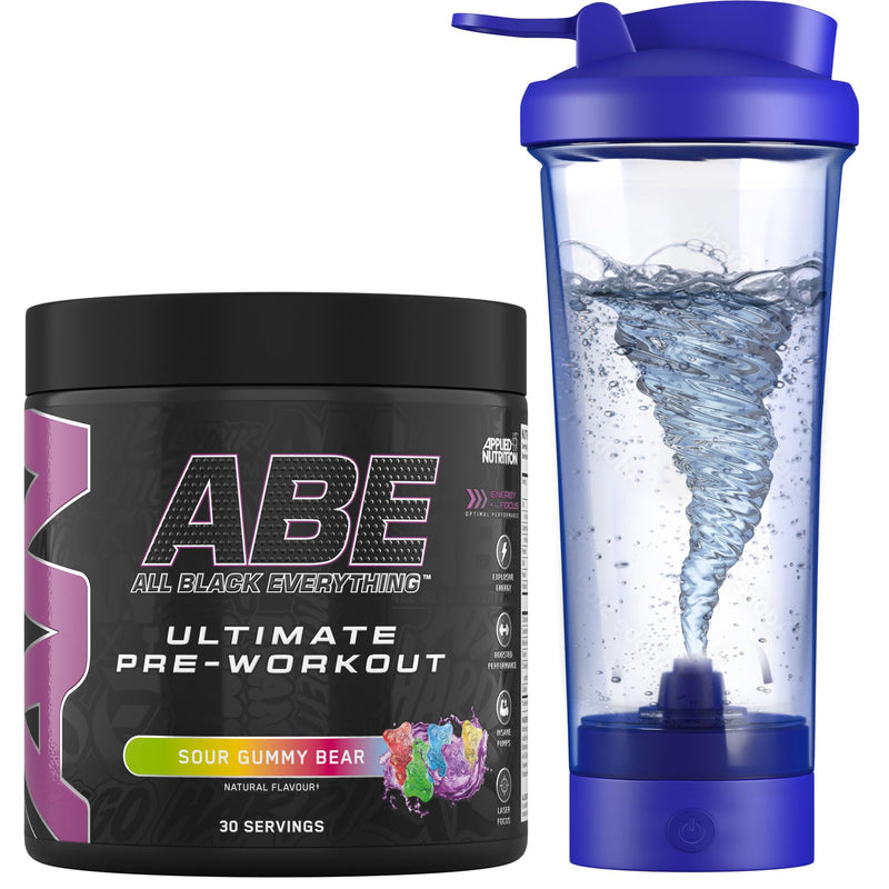 Applied Nutrition Bundle ABE Pre Workout 375g + Electric Shaker | All Black Everything Pre Workout Powder, Energy Drink, Physical Performance, Creatine, Beta Alanine, Caffeine (Sour Gummy Bear) Sour Gummy Bear