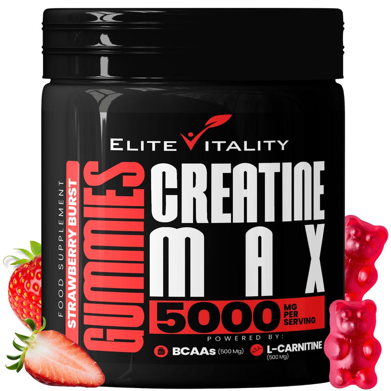 Creatine Monohydrate 90 Gummies 5000mg + BCAAs & L-Carnitine – 3rd Party Lab Tested, Vegan, Sugar-Free, Pre Workout Muscle Growth & Recovery Gym Supplement for Men & Women – Juicy Strawberry Burst