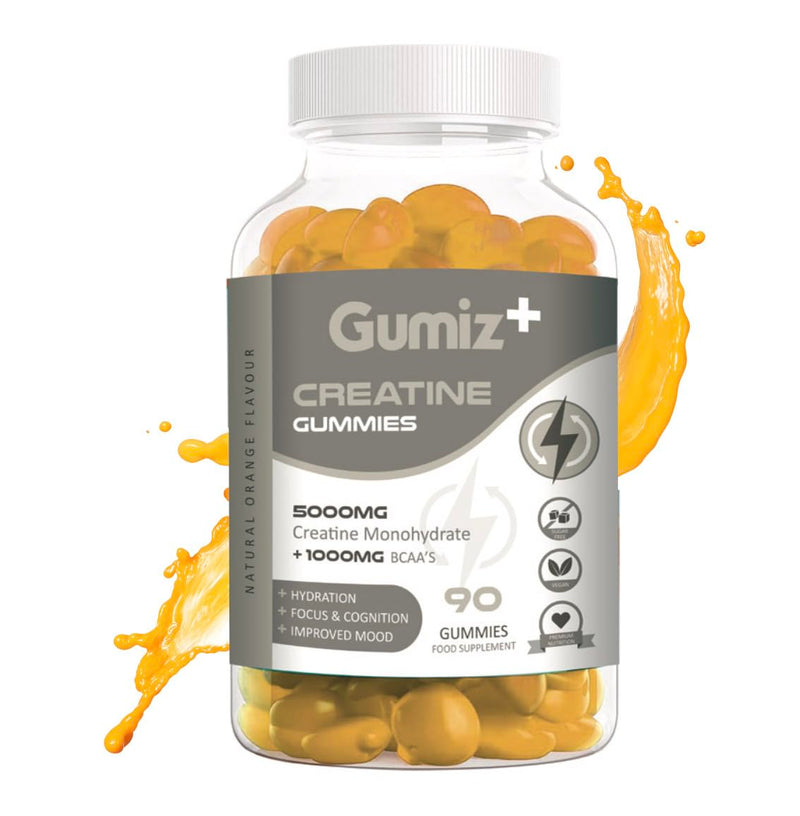 Max 5000mg Creatine Monohydrate Gummies, Added 1000mg BCAAs, Premium Pre-Workout, Gym Supplement | 90 Gummies - 1 Month Supply | Orange Flavour | Vegan & Sugar-Free