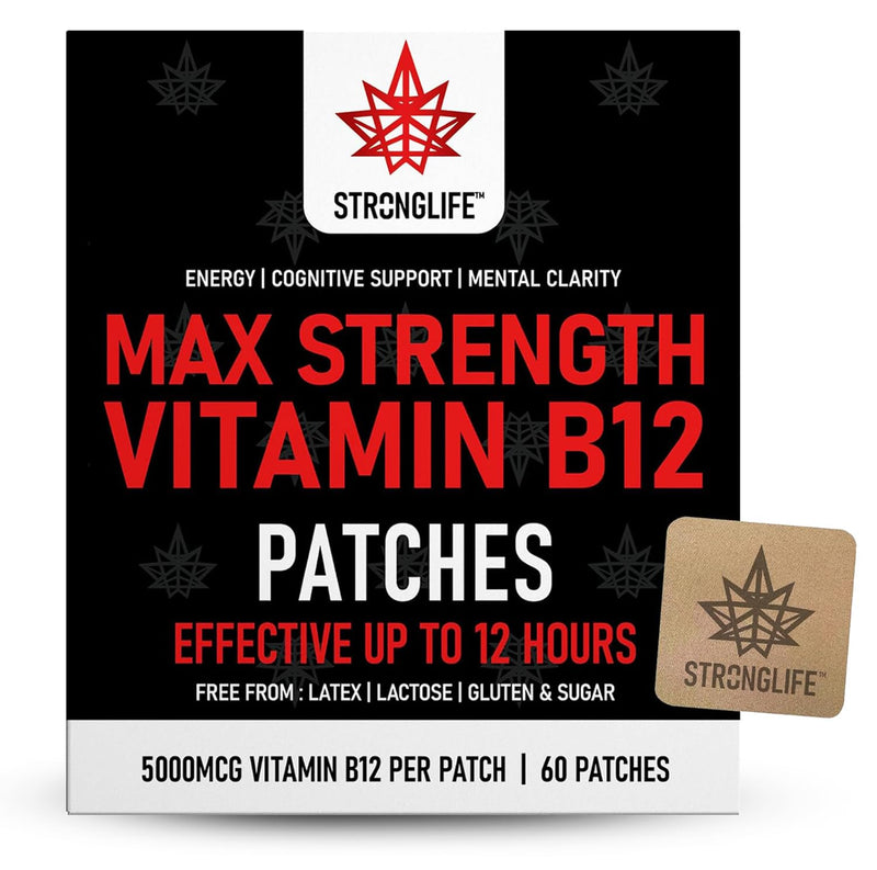 Vitamin B12 High Strength 5000mcg Patches | Transdermal B12 Patch for Daily Energy, Metabolism & Focus | High Absorption 12-Hour Release | Vegan Supplement & Alternative to Tablets & Sprays | 60 Pack