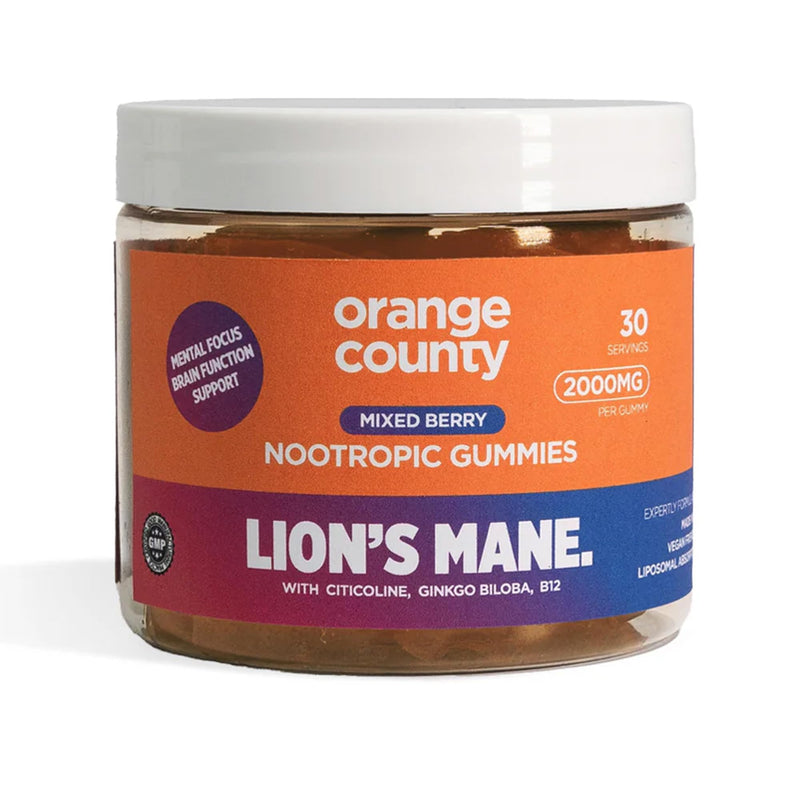 Orange County Lion's Mane Mushroom Supplement Gummies, Focus & Productivity Nootropic Gummies | 2,000mg Lion's Mane, Mixed Berry, Citicoline, Ginkgo Biloba