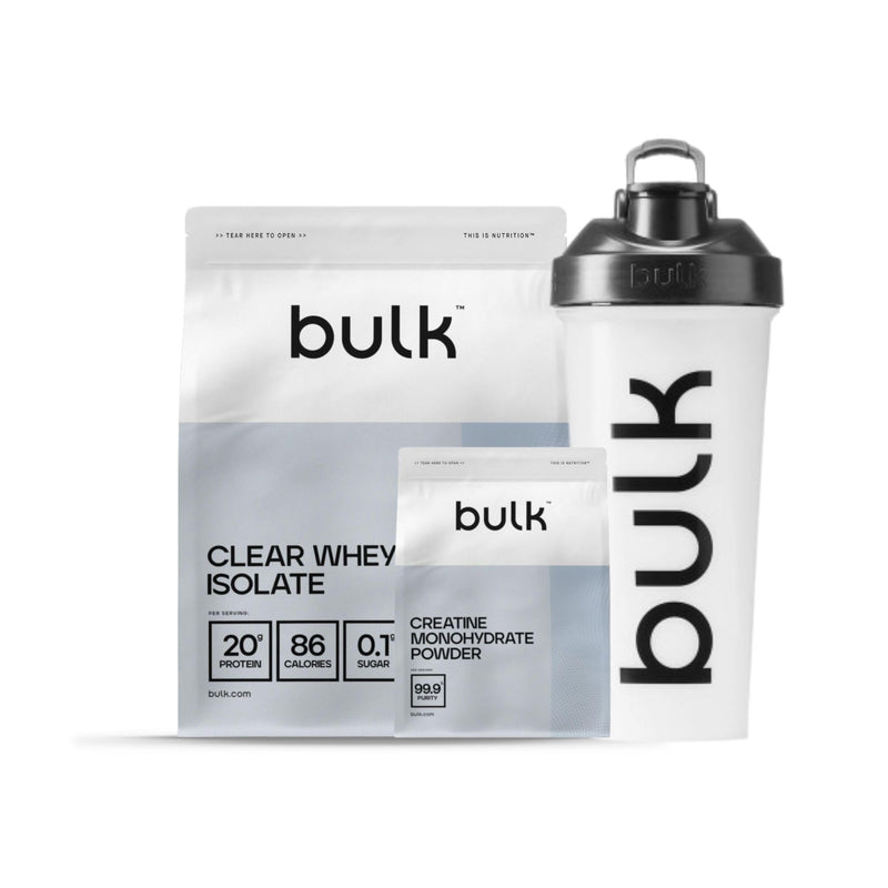Bulk Clear Protein Starter Bundle, 500 g of Pink Lemonade Flavoured Clear Whey Isolate, 100 g of Creatine Monohydrate and a 750 ml Iconic Shaker