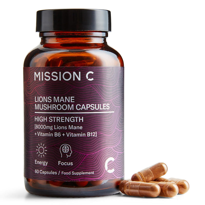 Lions Mane Mushroom Capsules 8,000mg with Added Vitamin B6 and B12 | Nootropic Supplement for Cognition, Mood, Immunity & Inflammation | 60 Two-a-Day Vegan Capsules - Mission C Lion's Mane