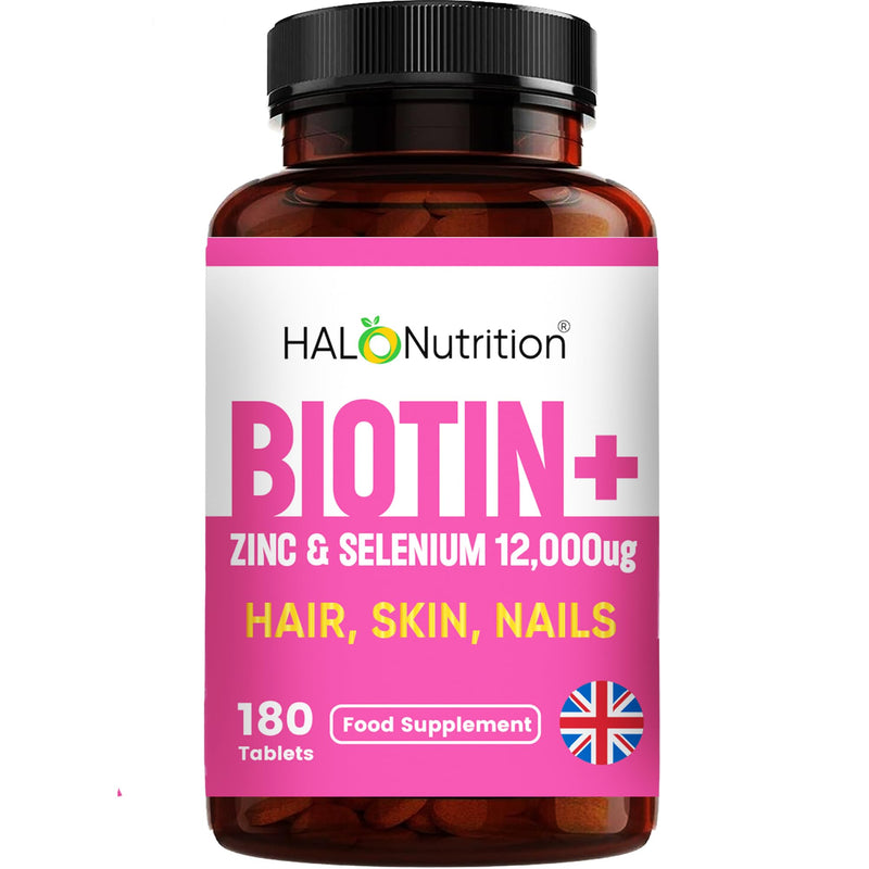 Hair Skin and Nails Vitamins with Biotin, | Biotin Hair Growth | Zinc and Selenium | 180 Vegetarian Tablets | Beauty Supplement for Women and Men | Halal Vitamins |- UK Made By Halo Nutrtion