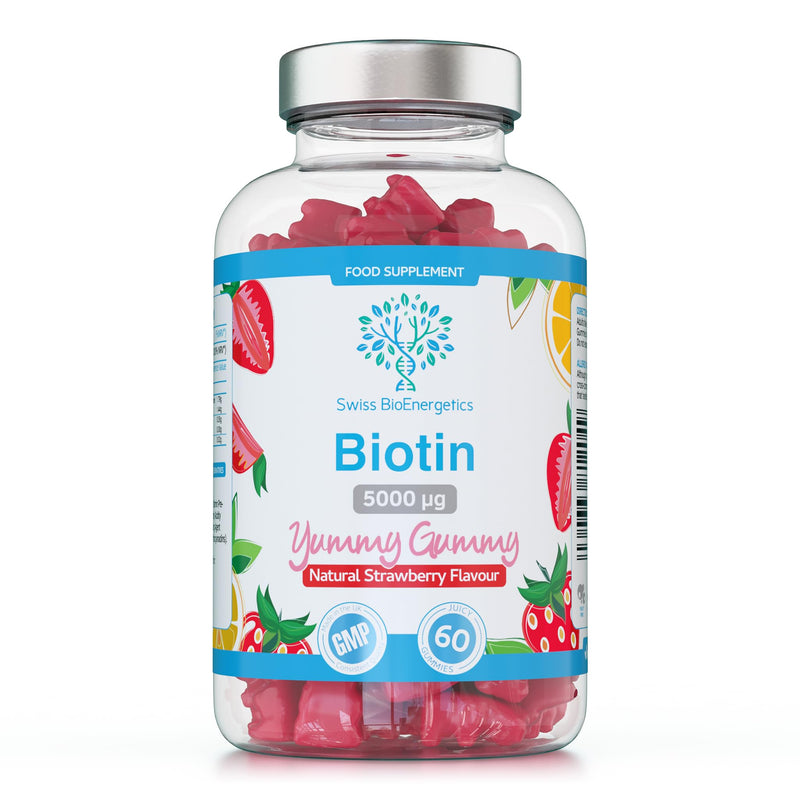 Biotin Gummies 10,000mcg – 60 Vegan Vitamins - Natural Strawberry Flavoured Two Yummy Gummy Daily Dose - Supports Normal Skin & Hair Growth - Chewable - No Artificial Sweeteners – UK Made 60 Gummies