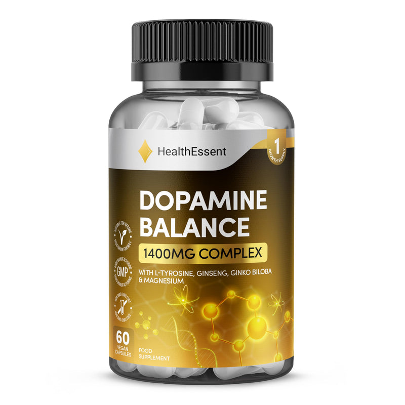 HealthEssent Dopamine Balance Complex – L-Tyrosine, L-Theanine, Ginkgo Biloba & Magnesium, Dopamine Precursor for Natural Mood & Focus Formula – 60 Vegan Capsules 60 count (Pack of 1)