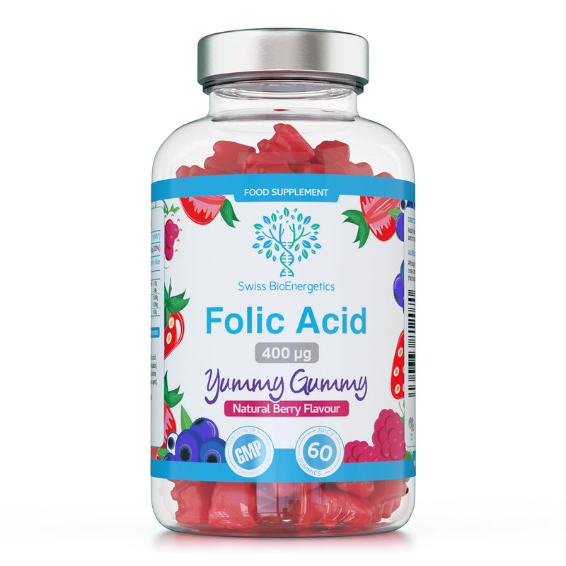 Folic Acid Gummies - 400μg, 60 Natural Berry Flavoured & Vegan Gummies - High Strength Vitamin B9 Folic Acid Pregnancy Support Prenatal Vitamin - No Artificial Sweeteners or Flavours – UK Made 60 Gummies