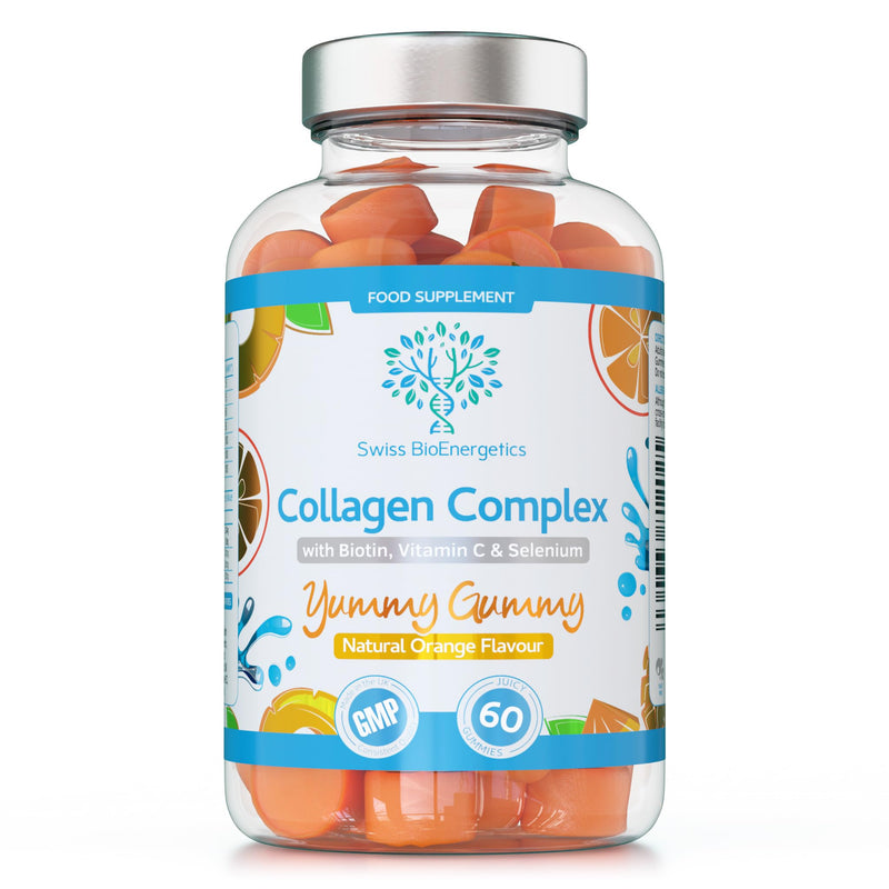 Collagen Complex - 60 Natural Orange Flavour Chewable Yummy Gummies - One a Day 500mg Bovine Collagen, Biotin, Vitamin C, Selenium, Vits B6 and B12 – Healthy Skin and Hair for Men and Women – UK Made 60 Gummies