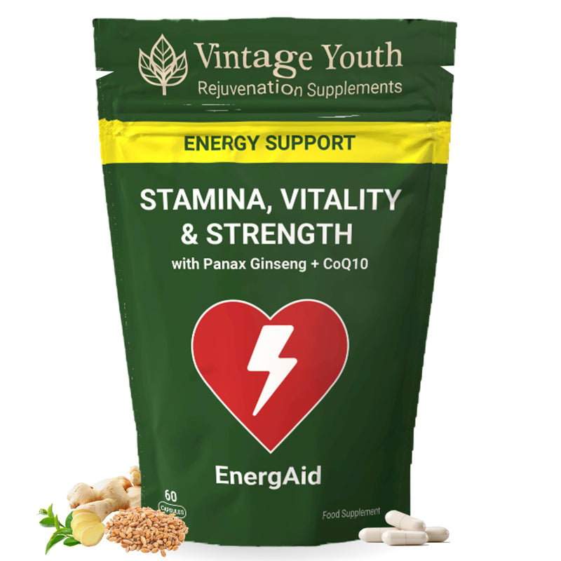 EnergAid Energy & Stamina Supplement | Natural Caffeine-Free Pre-Workout with Korean Ginseng, CoQ10, Rhodiola & B Vitamins | Reduces Fatigue, Supports Focus & Metabolism | Vegan | Made in UK
