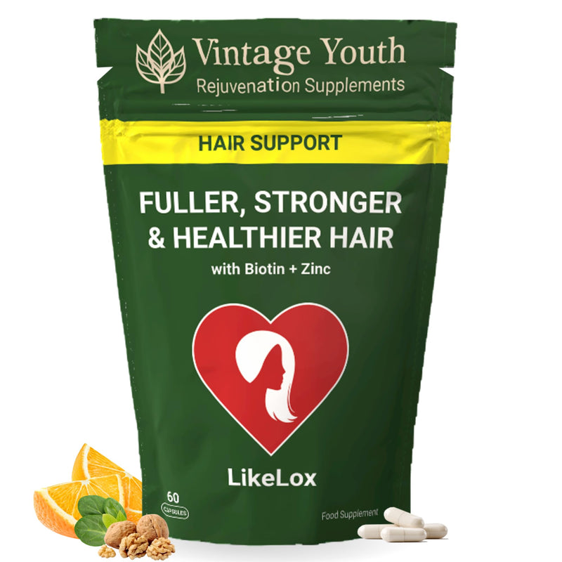LikeLox Hair Growth Supplement for Women & Men – Biotin, Zinc, Silica & Iron | Thicker Strands & Reduced Thinning Support | Vegan Vitamins for Regrowth, Strength & Volume | UK Made