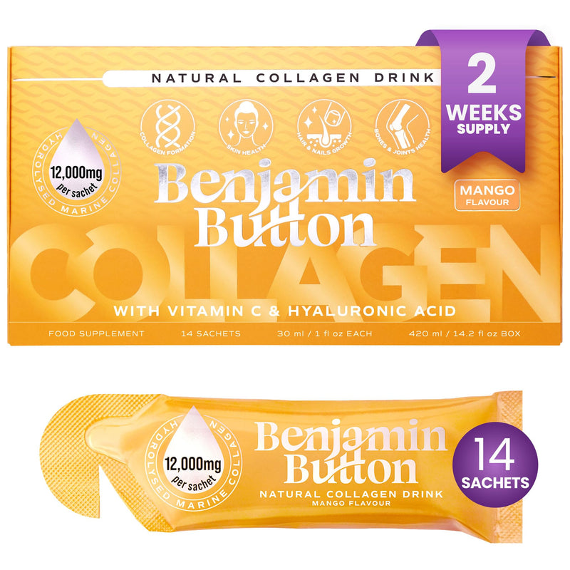 Benjamin Button Marine Collagen Liquid Sachet w/Hyaluronic Acid & Vitamin C | for Hair, Skin, Nails & Joints | 12,000mg High Strength Hydrolysed Collagen (Mango, 14x Sachets) Mango Pack of 14