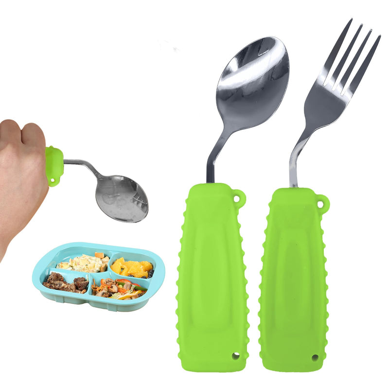 Adaptive Easy Grip Cutlery Set for Arthritic Hands - Spoon and Fork for Tremors, Parkinson, Disabled and Elderly Adults - Daily Living Assist 1 Set Green Left Hand