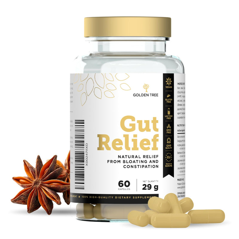 Golden Tree Gut Relief – Herbal Supplement with Chinese Star Anise, Licorice Root and Enzyme Blend – Quercetin & Trans-Resveratrol – 60 Vegetarian Capsules 60 count (Pack of 1)
